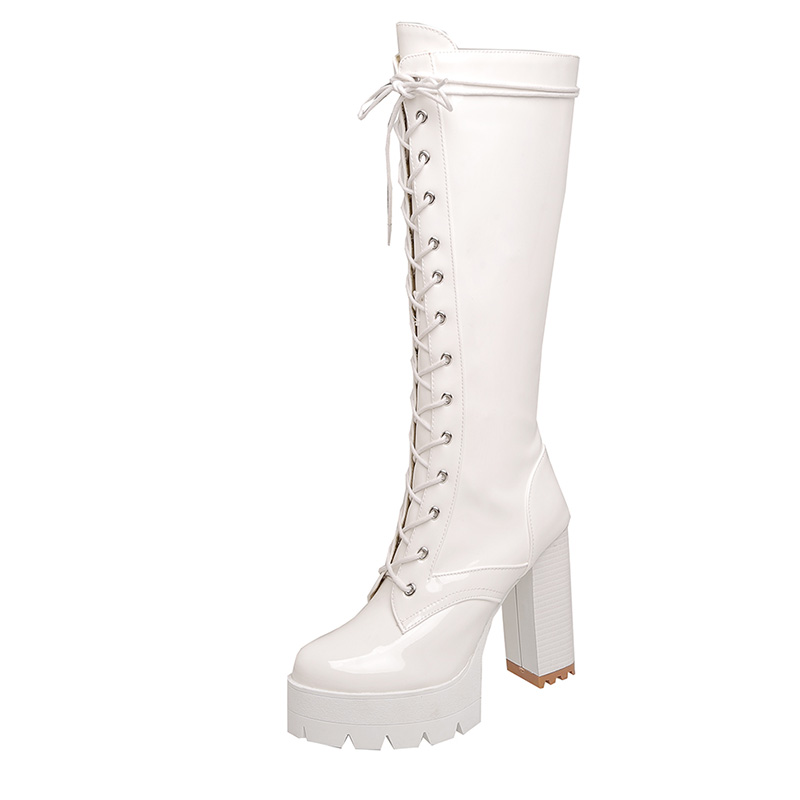 Botte gothique haute brillante blanche Spectralight avec laçage frontal et talon épais carré
