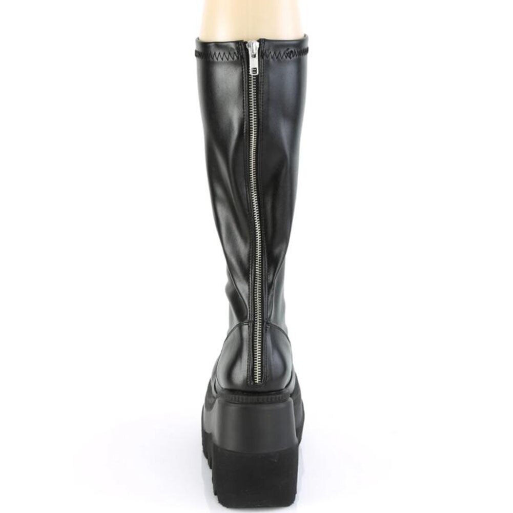 Botte gothique noire Nightveil Boots vue arrière avec fermeture éclair centrale et semelle épaisse plateforme
