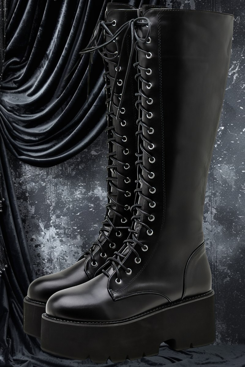 Bottes compensées gothiques noires en cuir avec lacets avant longs, modèle Mysticthorn