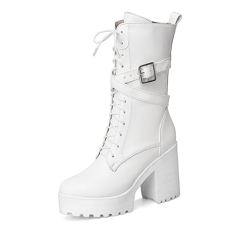 Bottes gothique rock Spectra blanches en cuir avec lacets, boucle métallique et talon épais carré