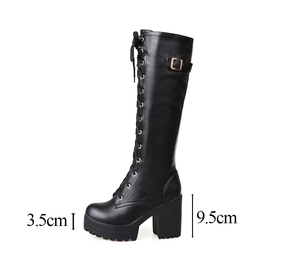 Bottes gothiques femme talons hauts Cryptic noires en simili cuir avec laçage avant et boucle latérale, talon épais de 9,5 cm et plateforme de 3,5 cm