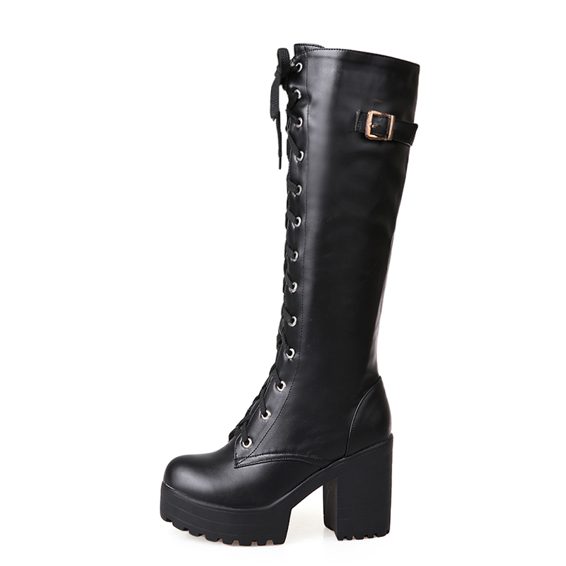 Bottes gothiques femme talons hauts noires en cuir avec lacets avant et boucle latérale modèle Cryptic