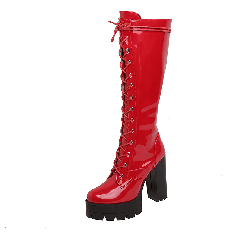 Bottes gothiques hautes brillantes rouges en vinyle avec lacets avant et talon bloc épais Spectralight