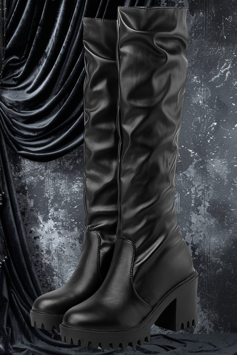 Bottes gothiques hautes en simili cuir noir Nightshade avec talon épais et effet froissé