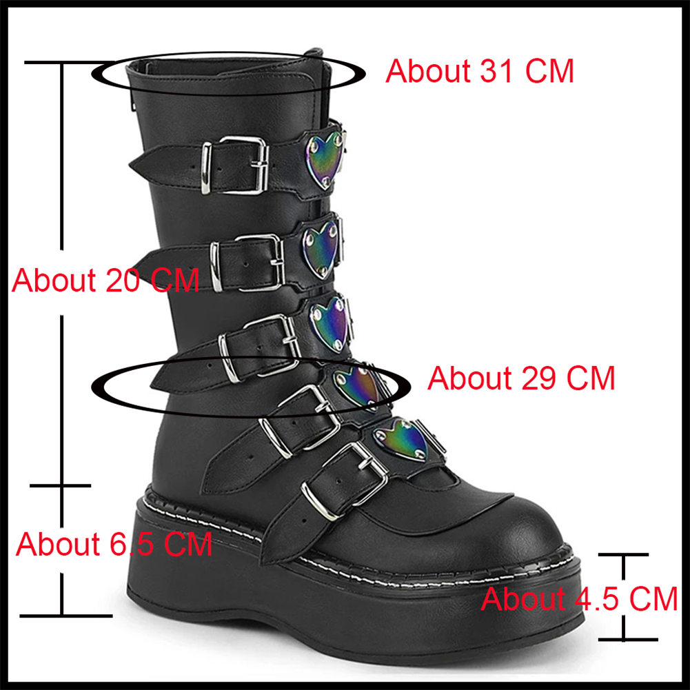 Bottes plateforme gothique cœur Abyssal noires en cuir avec cinq boucles argentées et cœurs irisés, vue de profil droit avec mesures détaillées