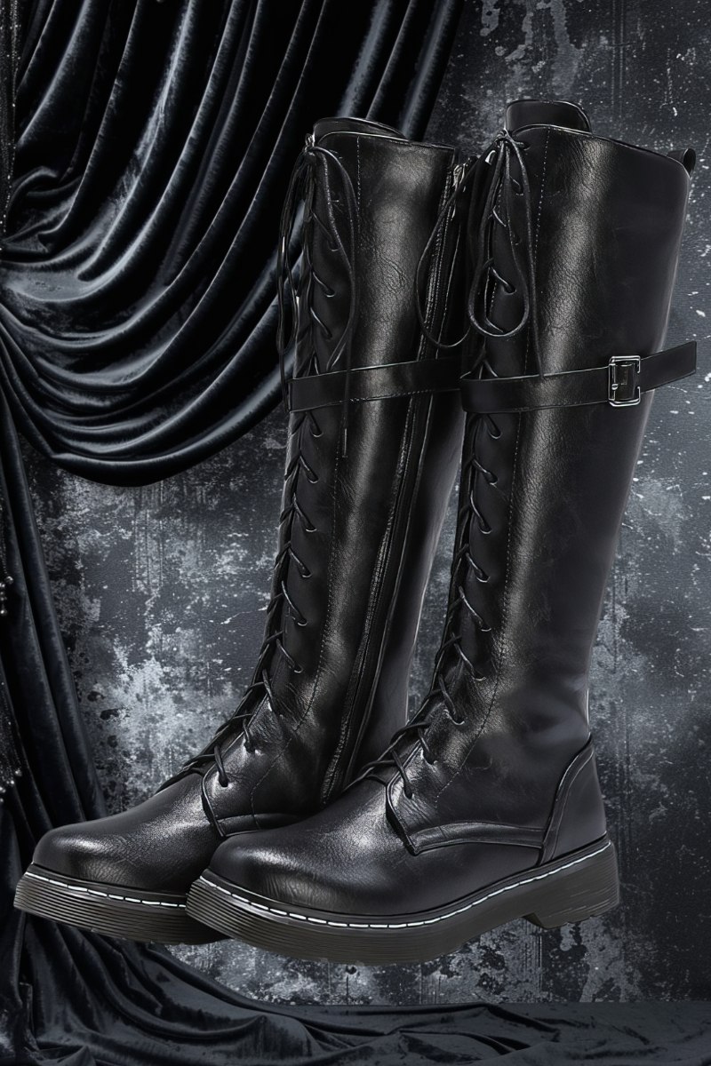 Bottes punk gothique noires en cuir avec lacets et boucle décorative modèle GothReborn