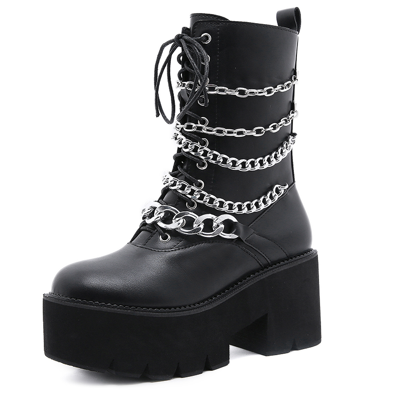 Bottine femme punk gothique noire à plateforme épaisse avec chaînes argentées décoratives et lacets avant