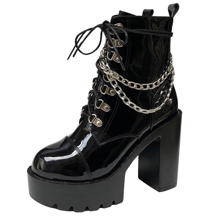 Bottine gothique noire brillante femme Nightserenade en cuir verni avec talon épais, plateforme crantée et chaînes argentées décoratives