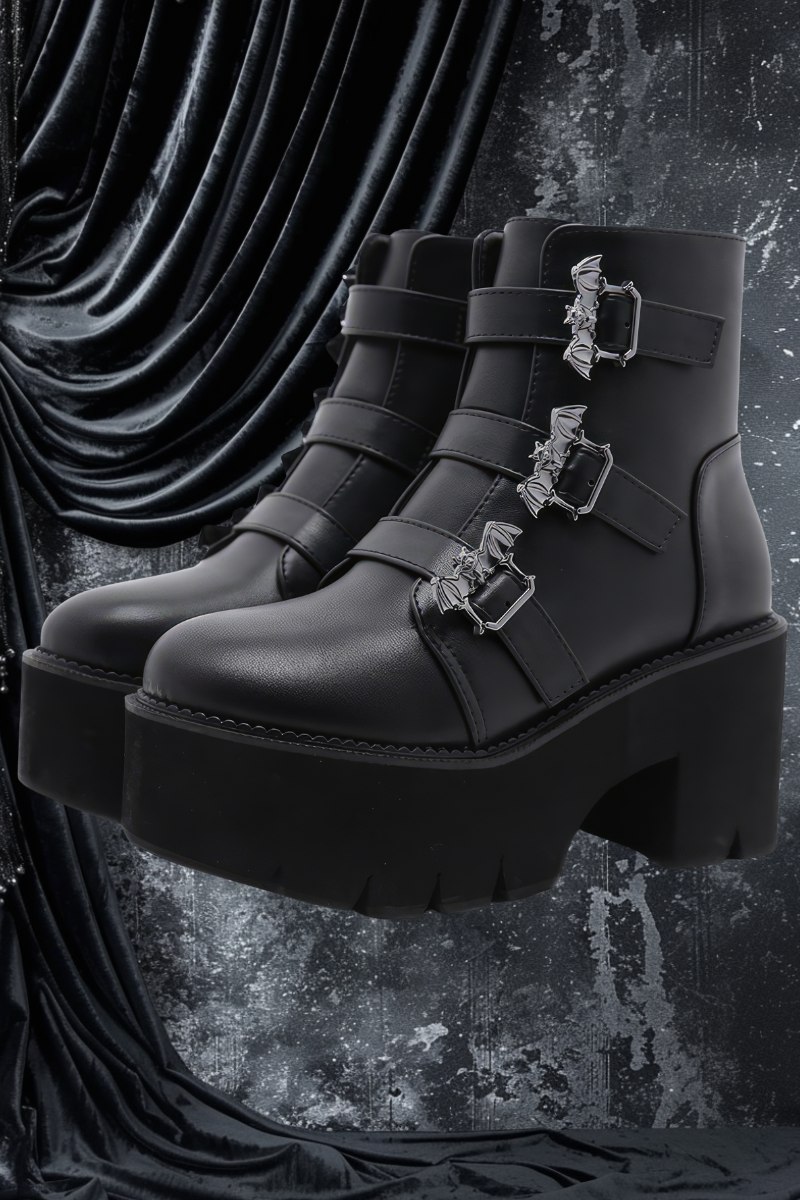 Bottines femme gothique noires en simili cuir avec semelle plateforme épaisse et trois boucles décoratives en forme de chauve-souris