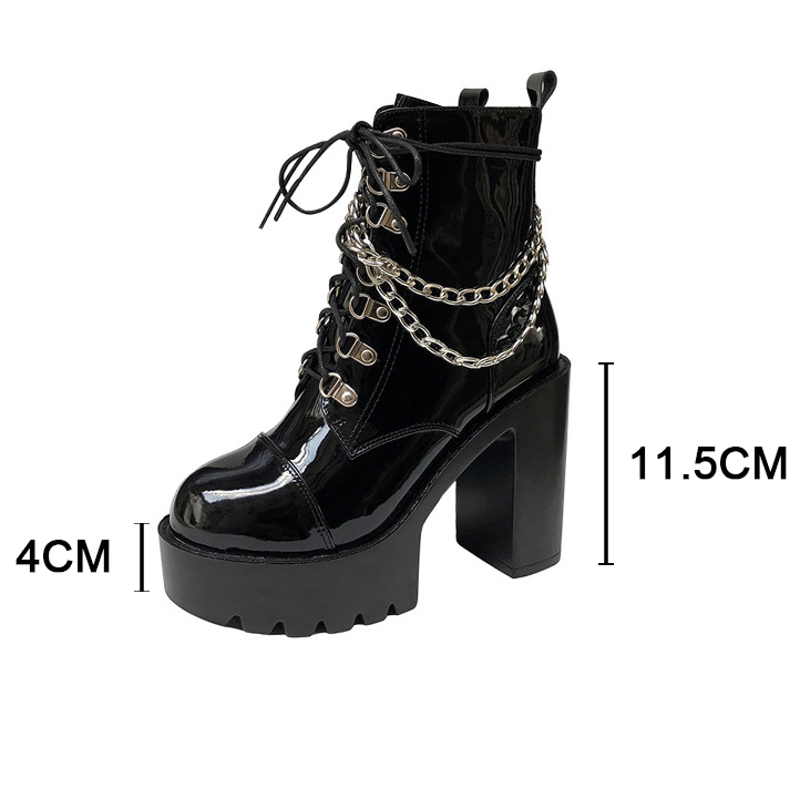 Bottines gothiques noires brillantes femme Nightserenade avec talon épais de 11,5 cm, plateforme de 4 cm, lacets et chaînes argentées décoratives