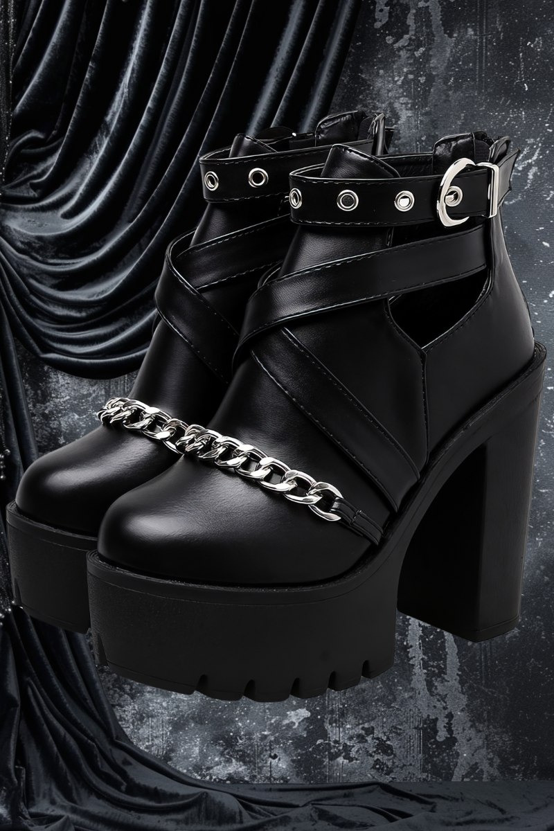Bottines talon rock gothique noires en cuir avec chaîne argentée sur l'avant et bracelet à œillets métalliques modèle Frostveil