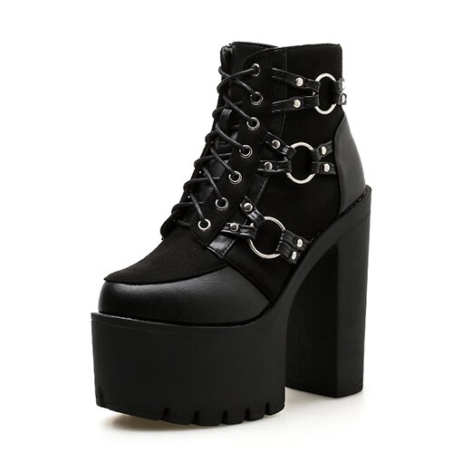 Chaussure gothique femme noire BuckleGloom en velours et cuir avec plateforme épaisse et boucles métalliques argentées