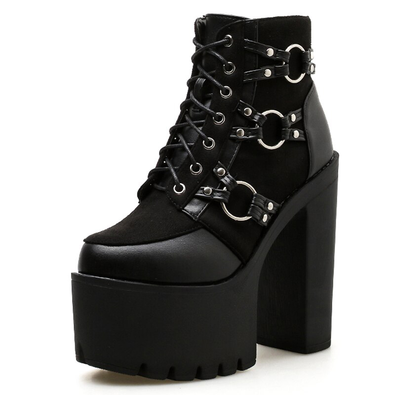 Chaussure gothique femme noire BuckleGloom à plateforme épaisse avec boucles métalliques et lacets