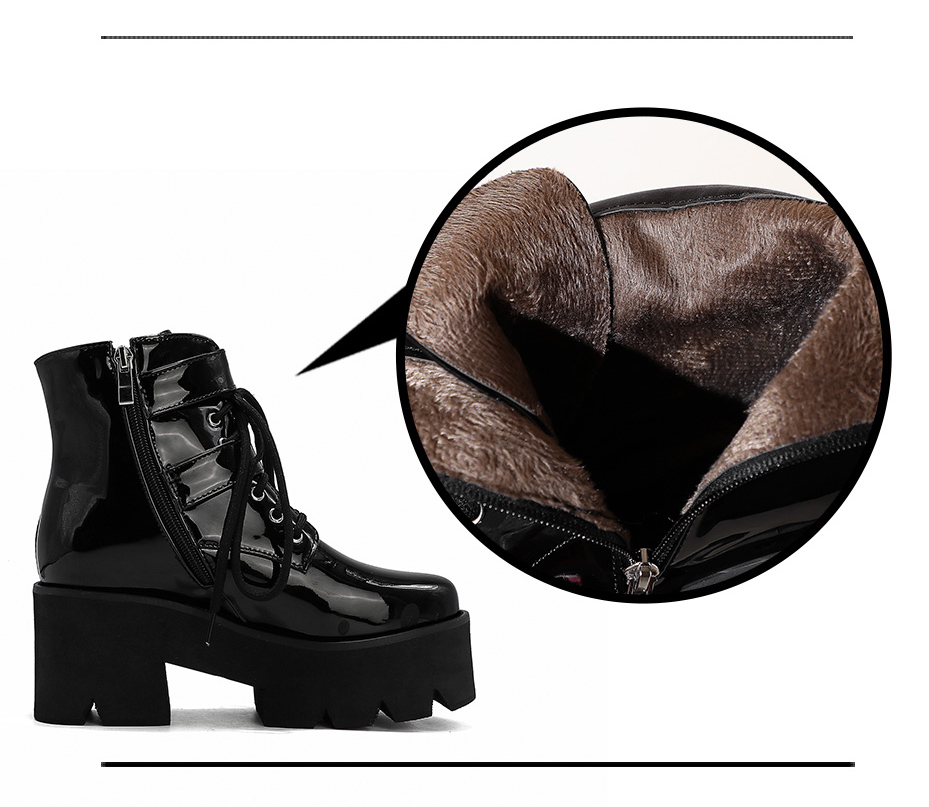 Chaussure gothique noire brillant RogueBlack avec fermeture éclair et intérieur doublé fourrure marron