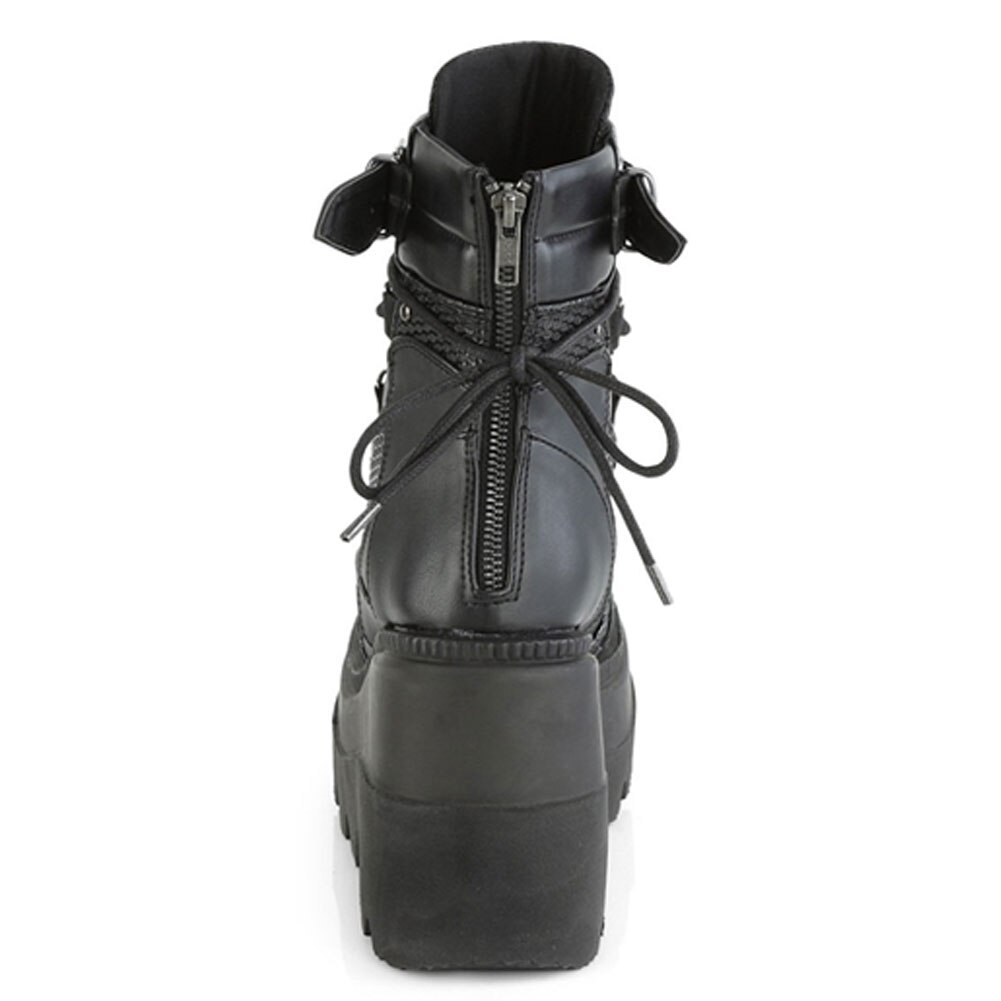 Chaussure grosse plateforme gothique MegaPlinth vue arrière avec fermeture éclair centrale et lacets noirs