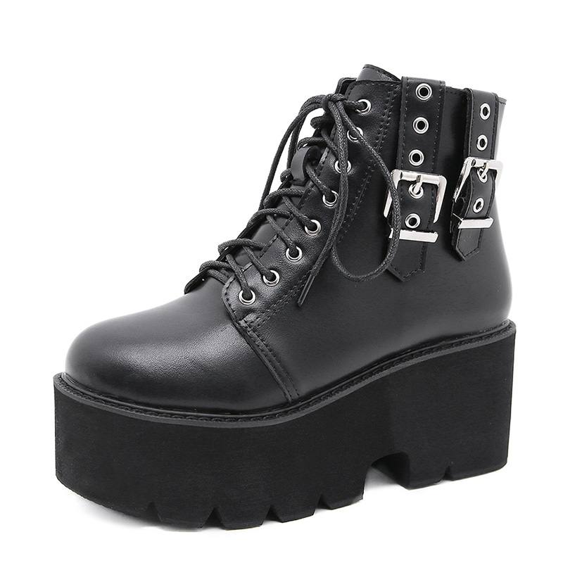 Chaussure punk rock gothique noire en simili cuir avec plateforme épaisse et lanières verticales à boucles métalliques