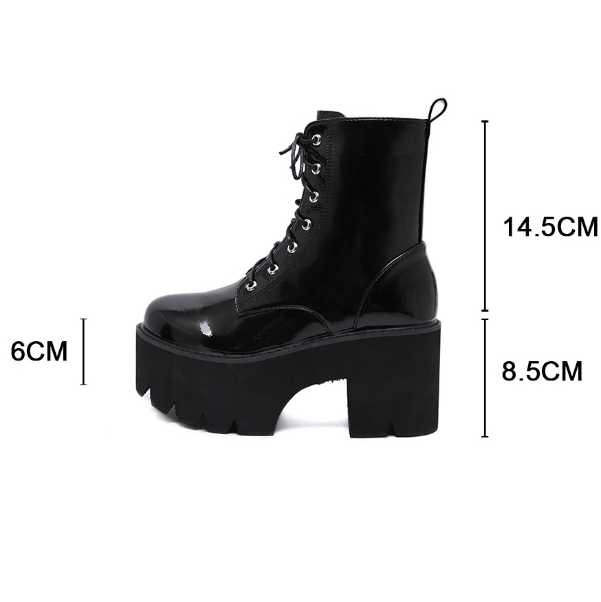Chaussure à talon compensé gothique ShadowWedge noire en cuir verni avec plateforme épaisse et lacets