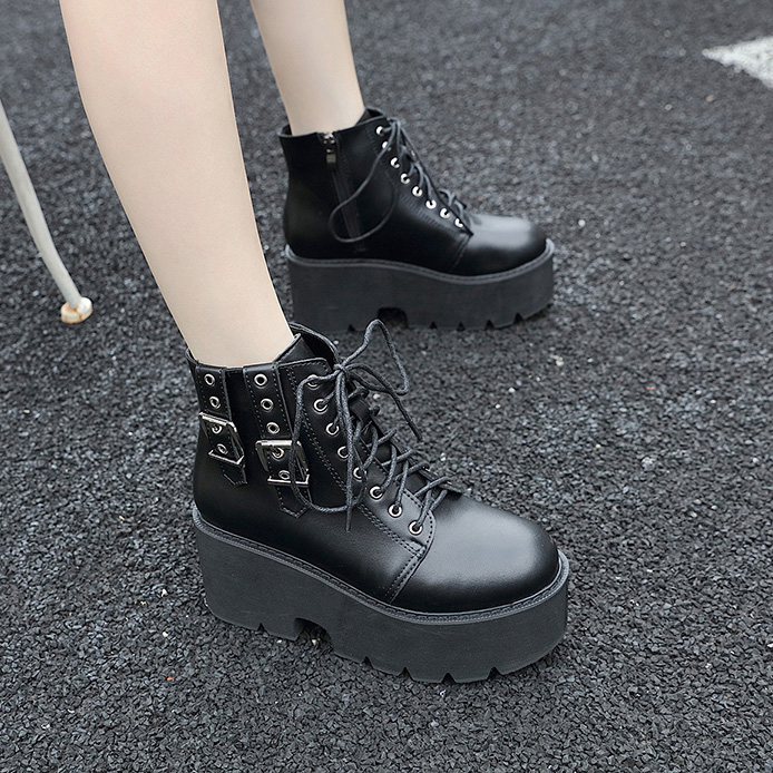 Chaussures Punk Rock Gothique Lanières Verticales Strapvortex noires à plateforme épaisse avec lacets et œillets métalliques, vue côté et arrière