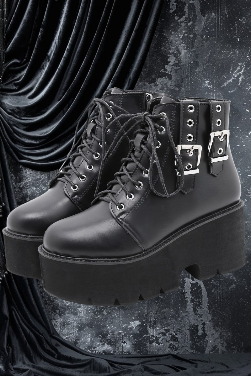 Chaussures punk rock gothique noires à lanières verticales avec plateforme épaisse et boucles métalliques