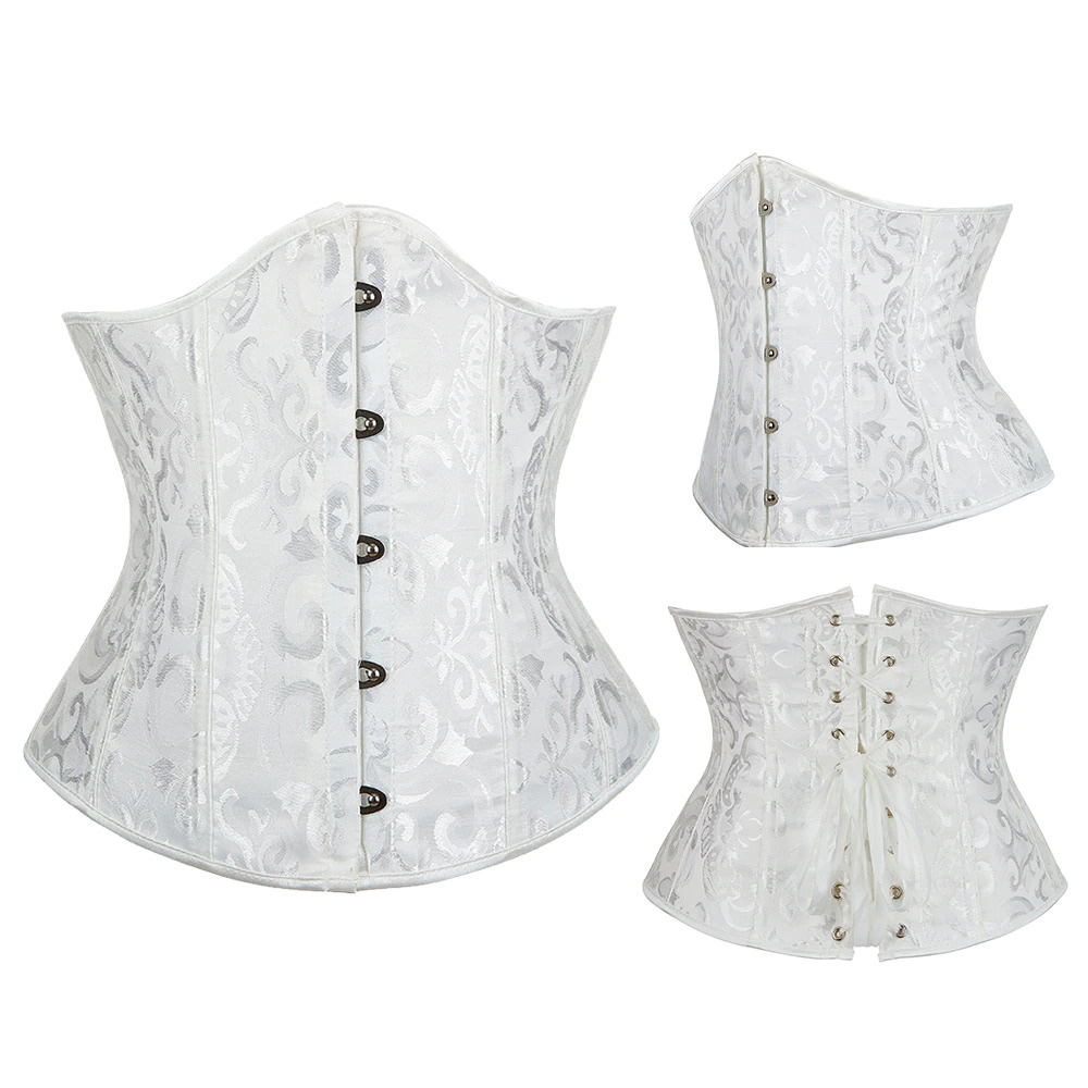 Corset bustier gothique Lunaria blanc en tissu jacquard avec motifs baroques, vue avant, côté et dos avec laçage