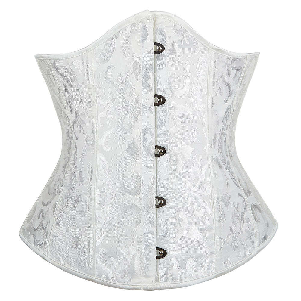 Corset bustier gothique Lunaria blanc avec motif baroque en velours, vue de face sur la fermeture à crochets