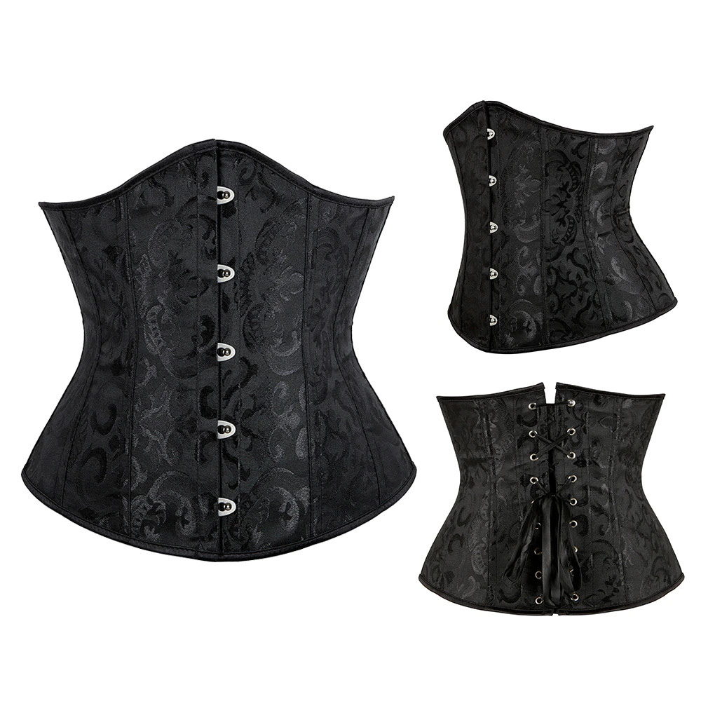 Corset bustier gothique Lunaria noir en tissu jacquard avec motif baroque, vue de face, profil et dos avec laçage