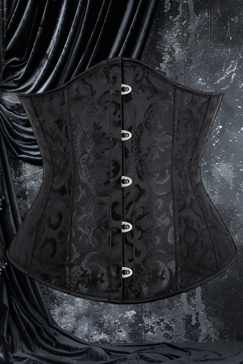 Corset bustier gothique noir en velours avec motif baroque, modèle Lunaria, fermeture avant à crochets métalliques