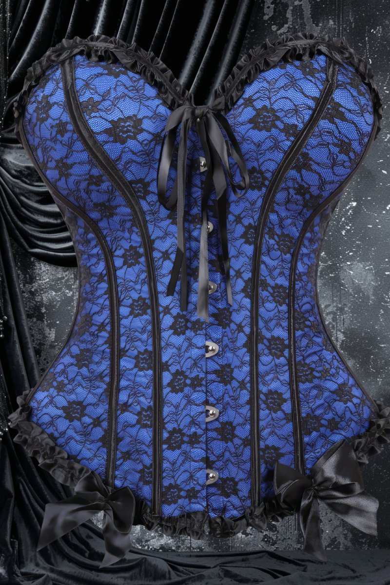 Corset gothique bleu Etheria en satin avec dentelle noire florale, laçage devant et boutons argentés, style élégant et baroque