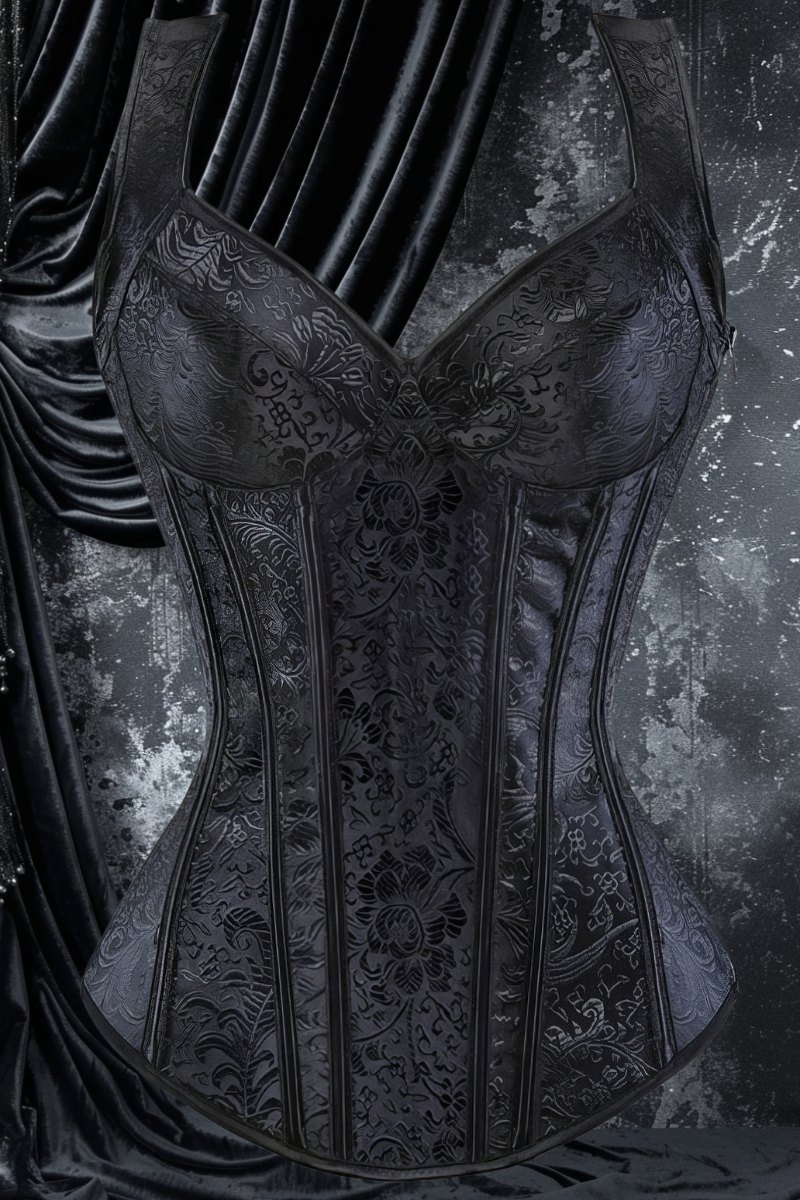Corset gothique bretelles Obscuria en velours noir avec motif baroque et dentelle noire