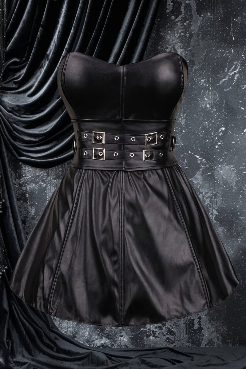 Corset gothique cuir noir à lanières Wraithia avec jupe satinée noire plissée