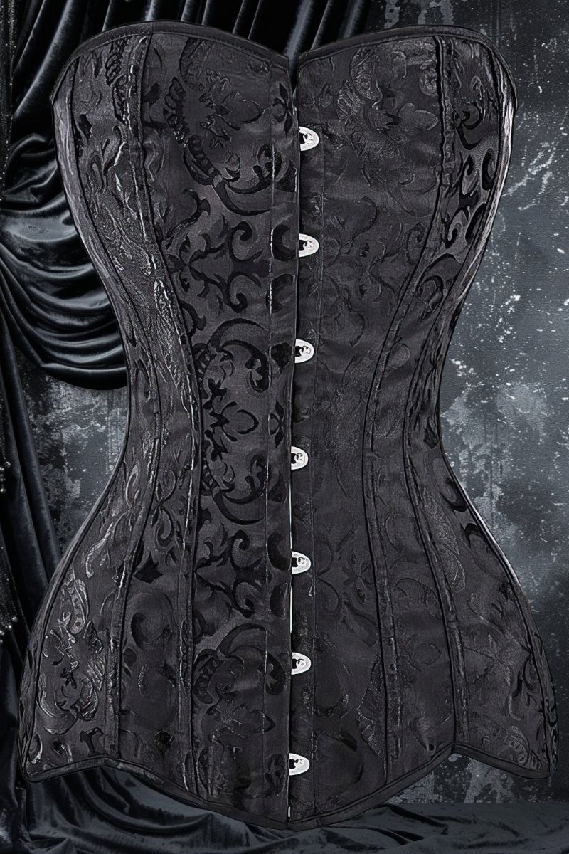 Corset gothique grande taille Luminia en velours noir avec motif baroque et fermeture à crochets métalliques