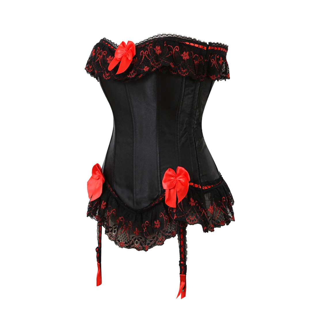 Corset gothique romantique noir et rouge Shadowlyn avec dentelle noire, motifs rouges et nœuds rouges décoratifs