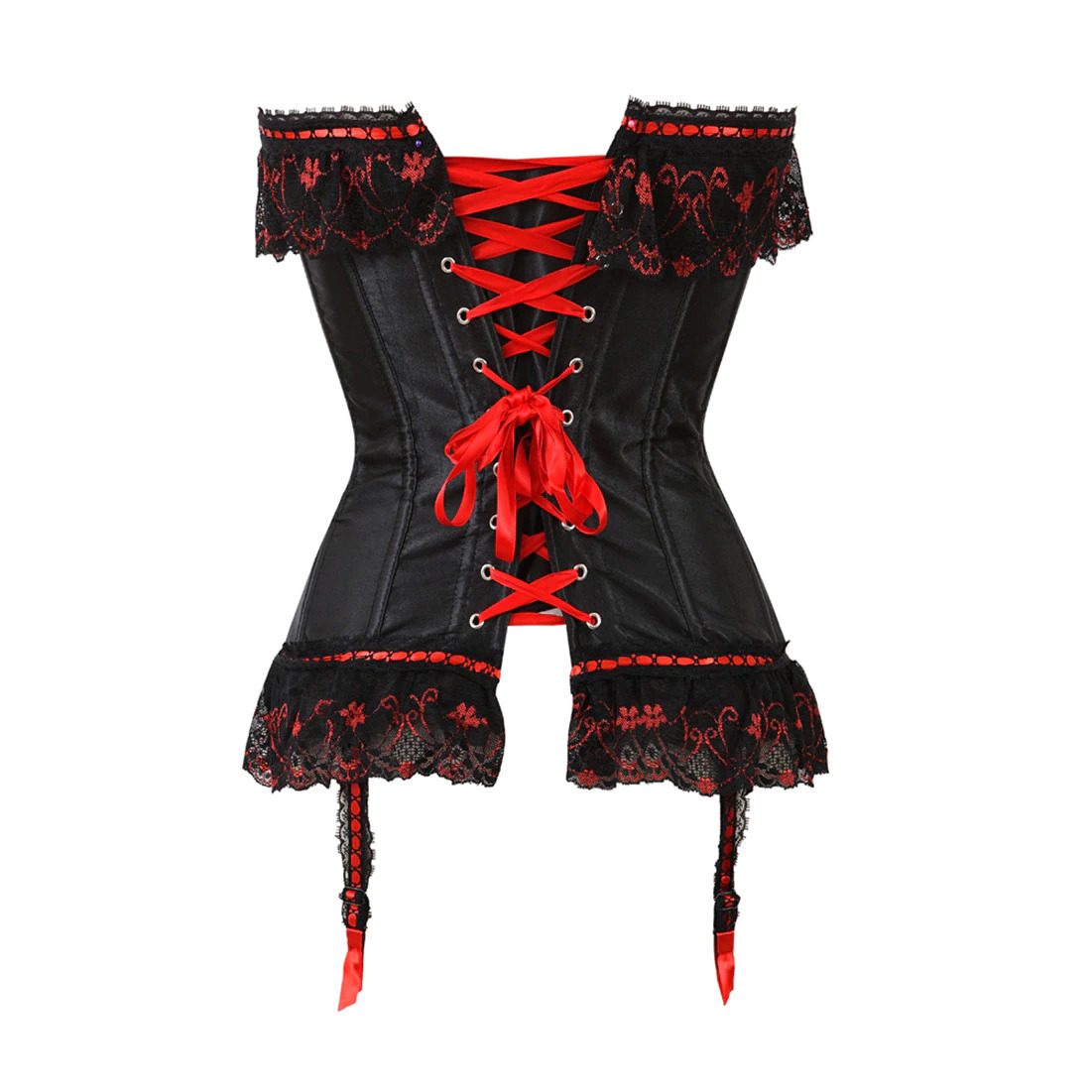 Corset gothique romantique noir et rouge Shadowlyn en satin avec laçage rouge devant et dentelle noire et rouge aux bords