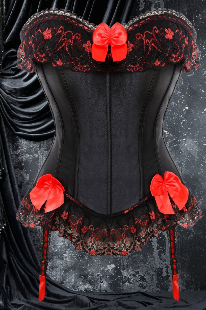 Corset gothique romantique noir et rouge Shadowlyn en satin avec dentelle noire et broderies rouges, orné de nœuds rouges, style baroque élégant
