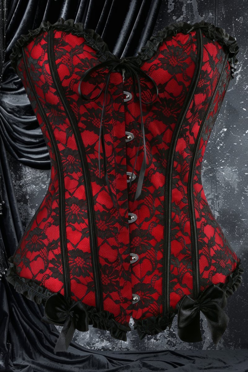 Corset gothique rouge Starlessia en tissu rouge avec dentelle noire, fermeture à agrafes devant, détails en velours noir et volants en dentelle