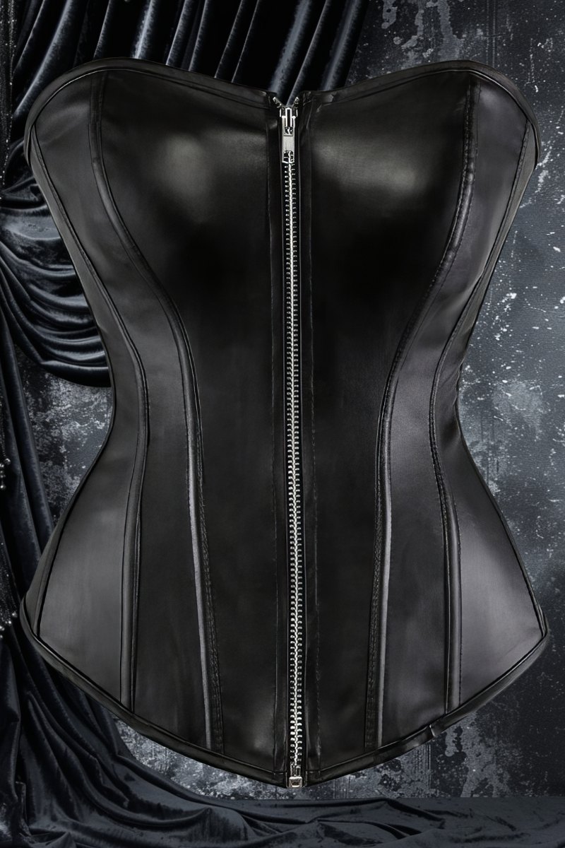 Corset gothique simili cuir noir avec fermeture éclair centrale, coupe cintrée et coutures verticales marquées, modèle Necrophia