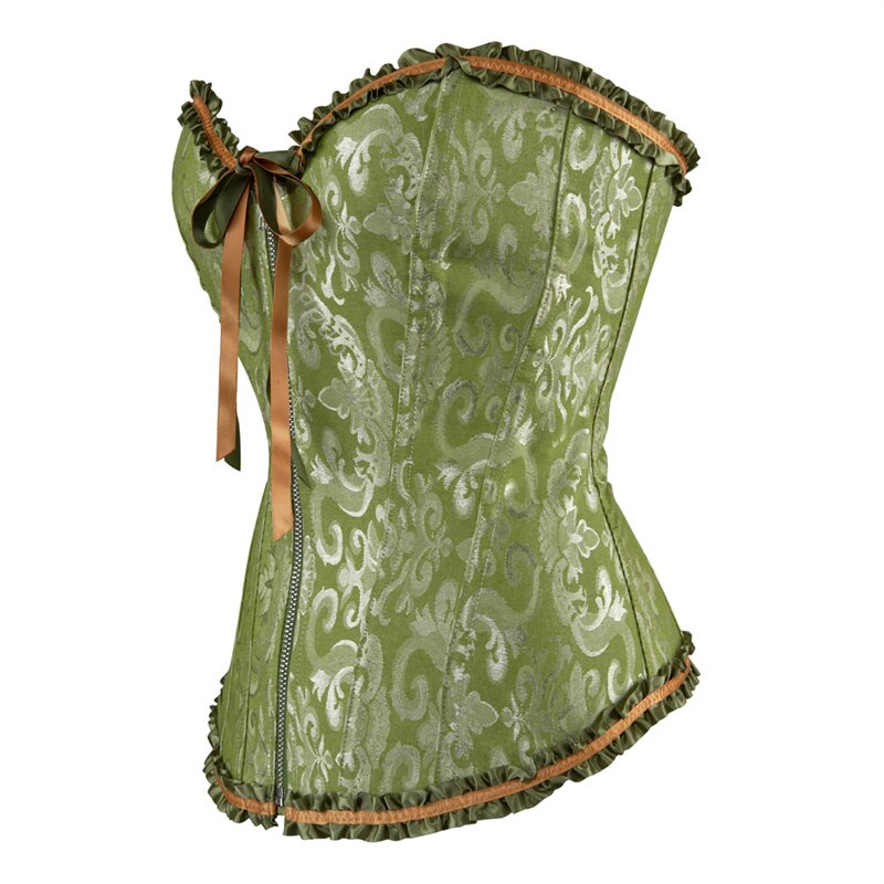 Corset gothique vert Voidalia en tissu jacquard avec motif baroque, bordure en dentelle noire et ruban marron noué sur le côté