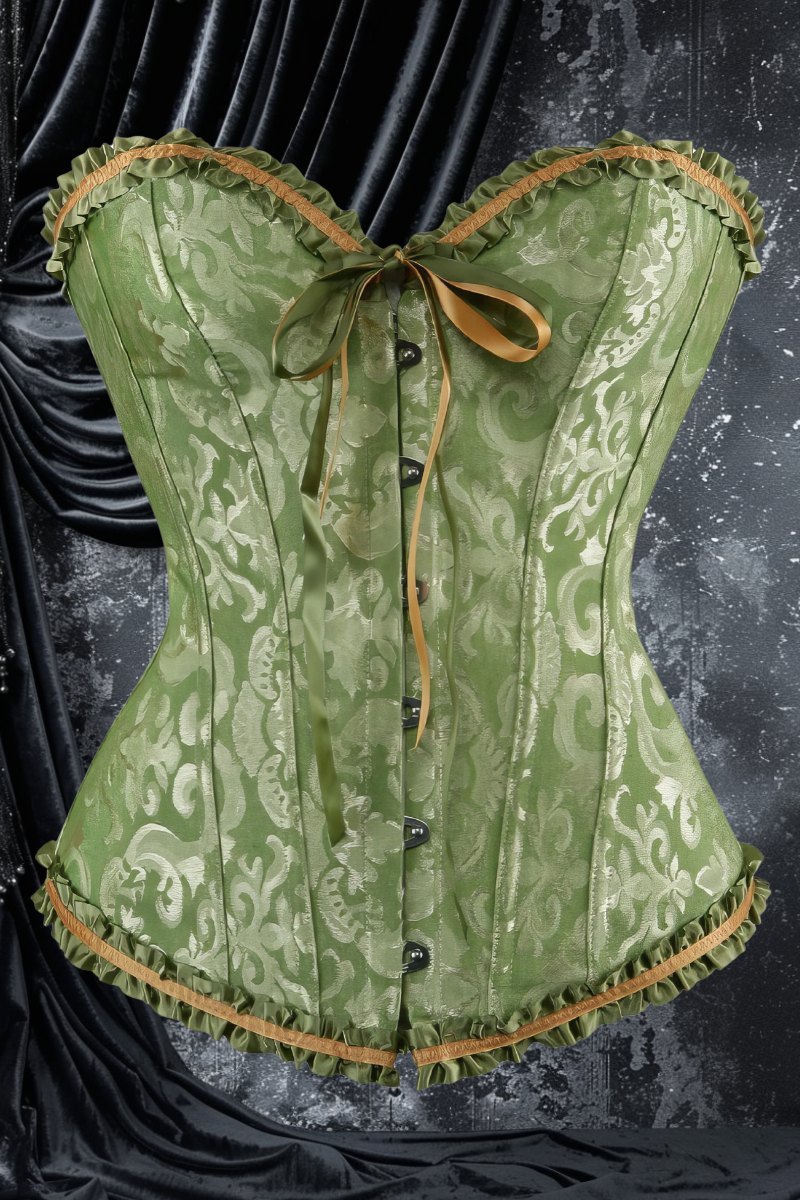 Corset gothique vert Voidalia en tissu jacquard avec motif baroque, bordure en dentelle marron et ruban satiné à l'avant