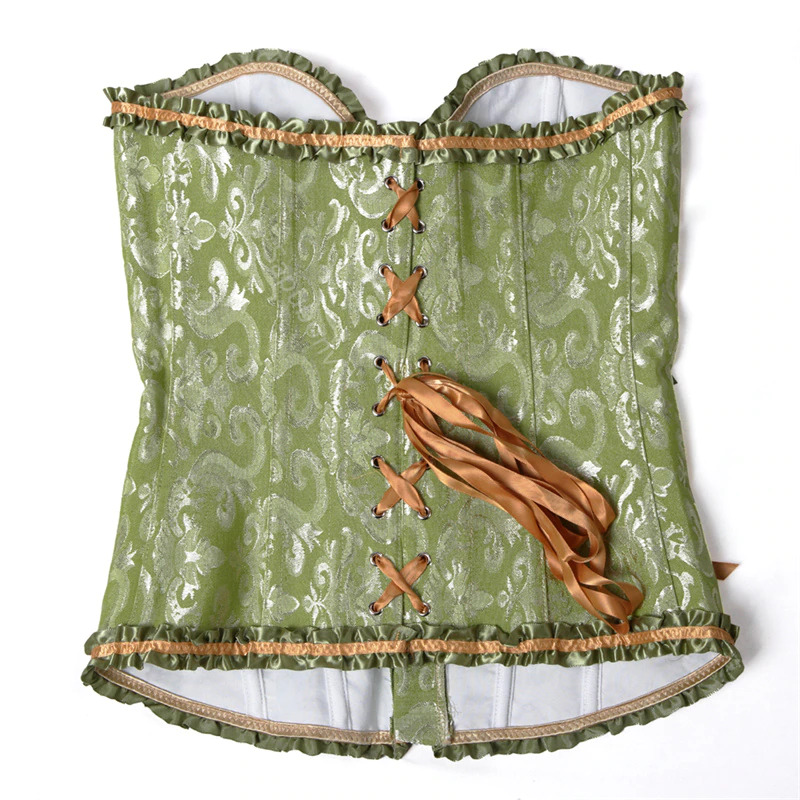 Corset gothique vert Voidalia en tissu jacquard avec motifs floraux, lacets satinés marron sur le devant, bordures volantées vert foncé