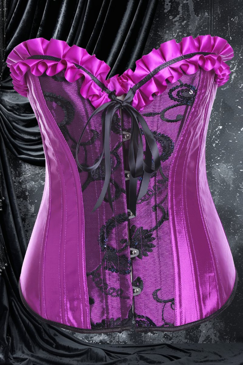 Corset gothique violet Ironpurple en satin avec dentelle noire florale, volant froncé en haut et laçage noir devant