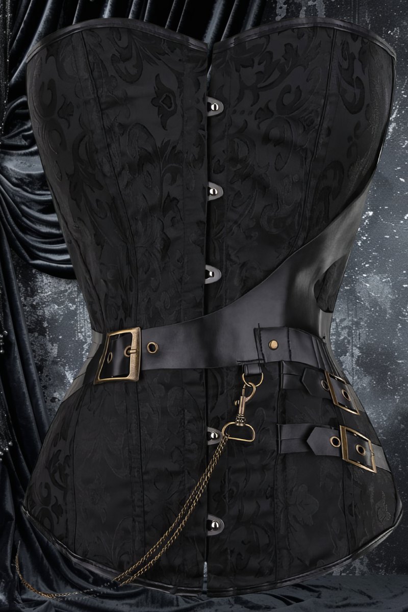 Corset noir gothique Shadowfloria en tissu à motif baroque avec ceintures en cuir et chaîne métallique