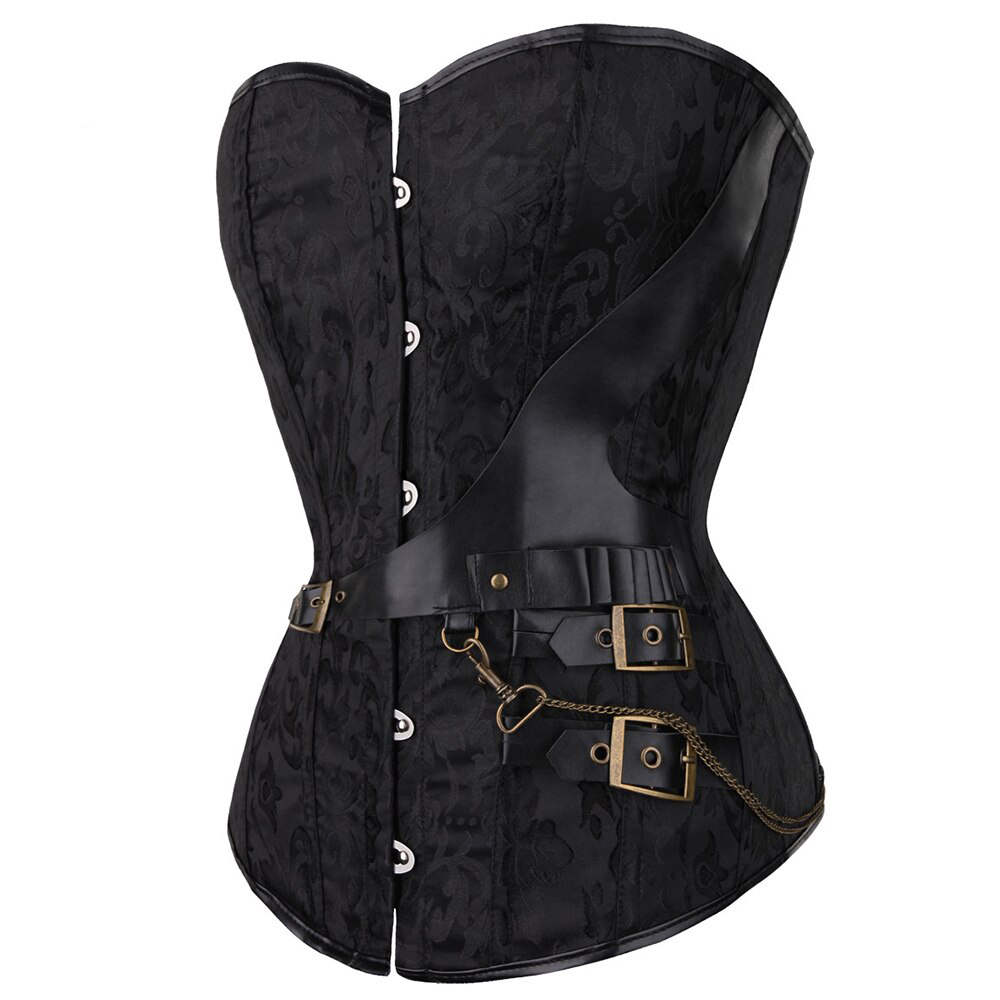 Corset noir gothique Shadowfloria en velours avec motif baroque, fermeture avant à agrafes, ceinture à boucles métalliques et chaîne décorative