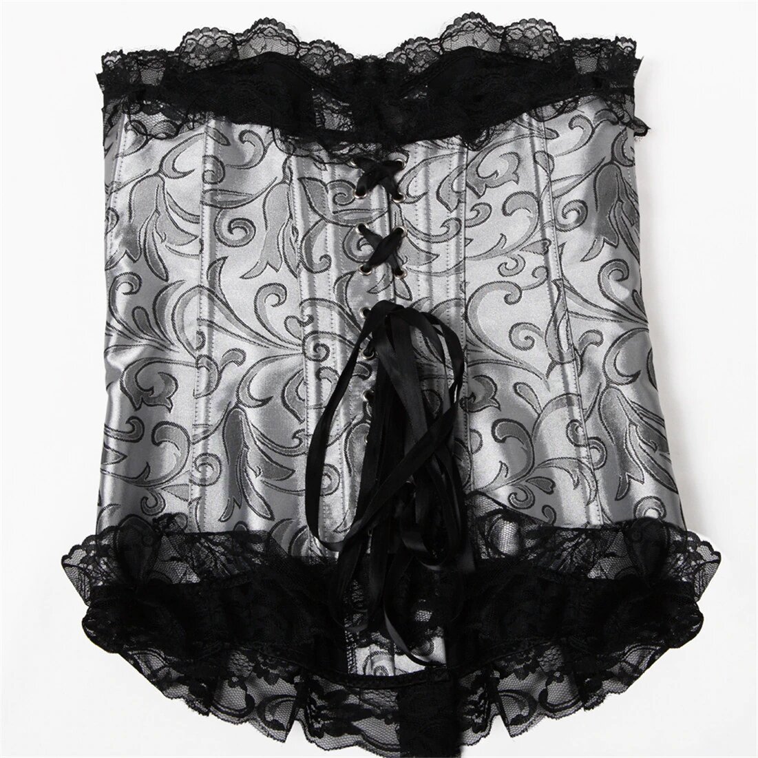 Corset serre taille gothique Cryptwistia en tissu argenté avec motif baroque noir, bordure en dentelle noire et ruban noir sur le devant