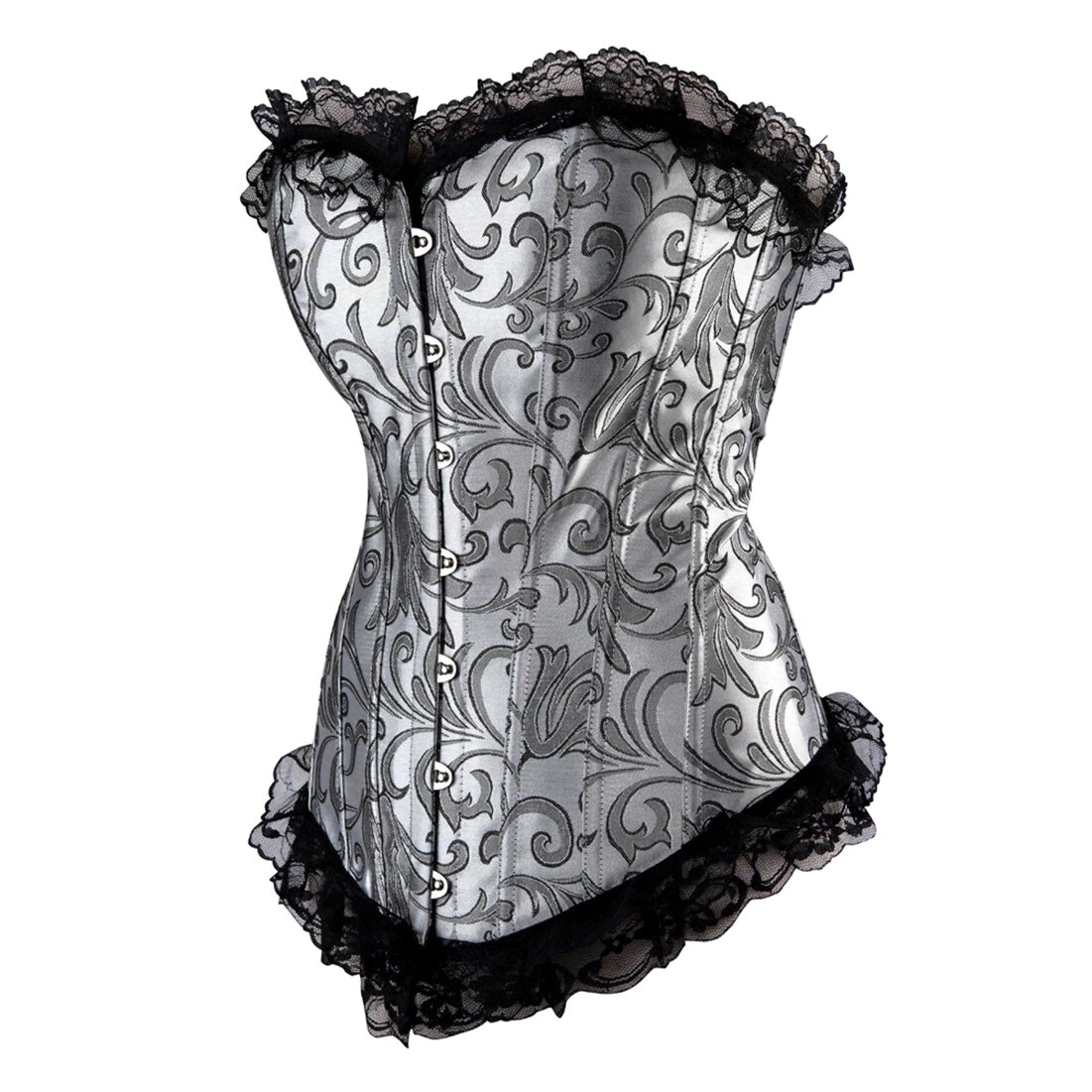 Corset serre taille gothique Cryptwistia en tissu blanc à motif baroque gris avec bordure en dentelle noire