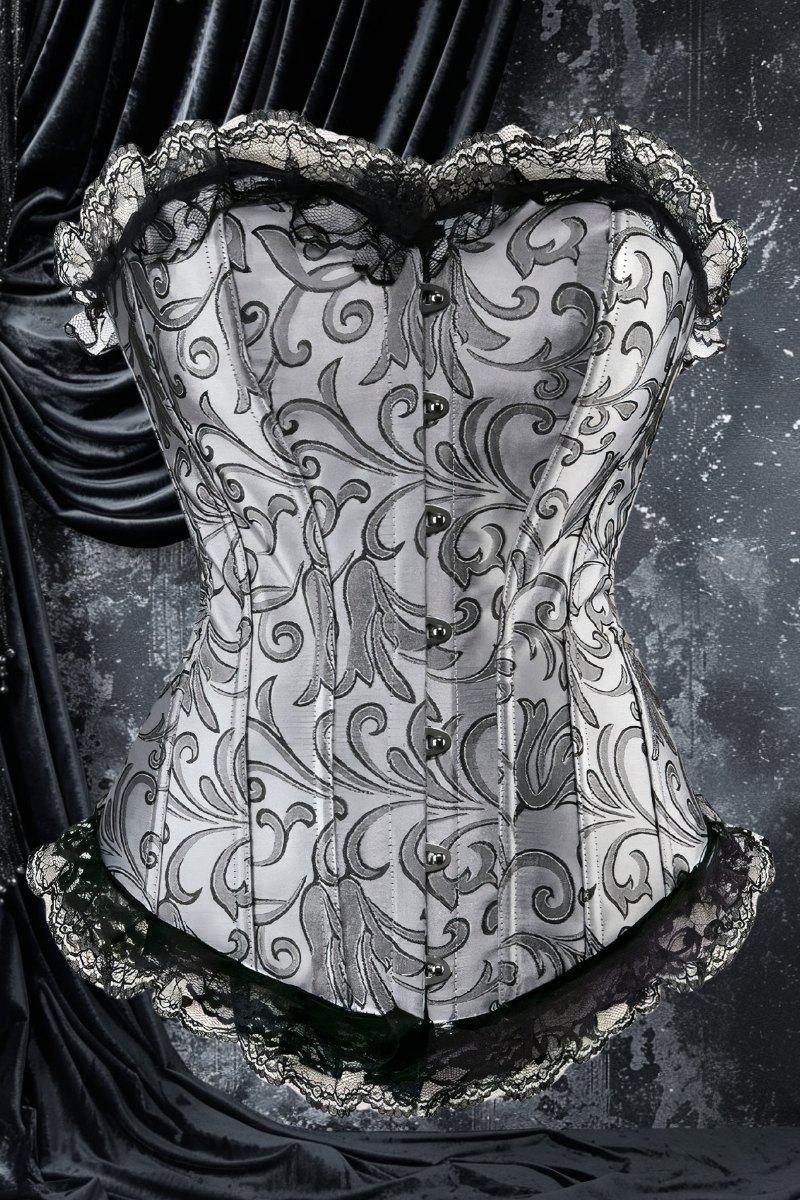 Corset serre taille gothique Cryptwistia en tissu blanc à motif baroque noir avec bordure en dentelle noire
