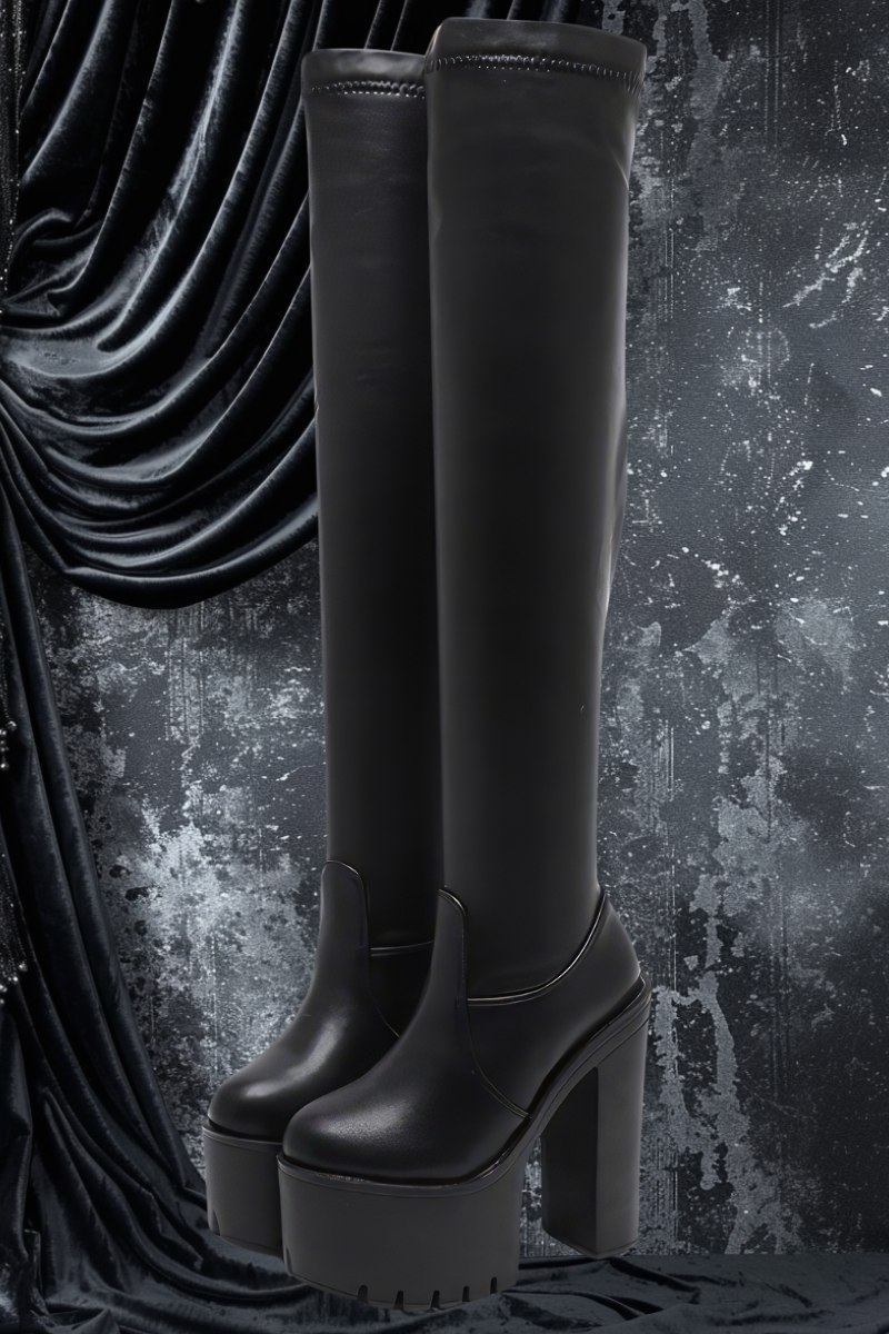 Cuissardes gothiques femme Etherwindia en cuir noir à plateforme épaisse et talon carré haut