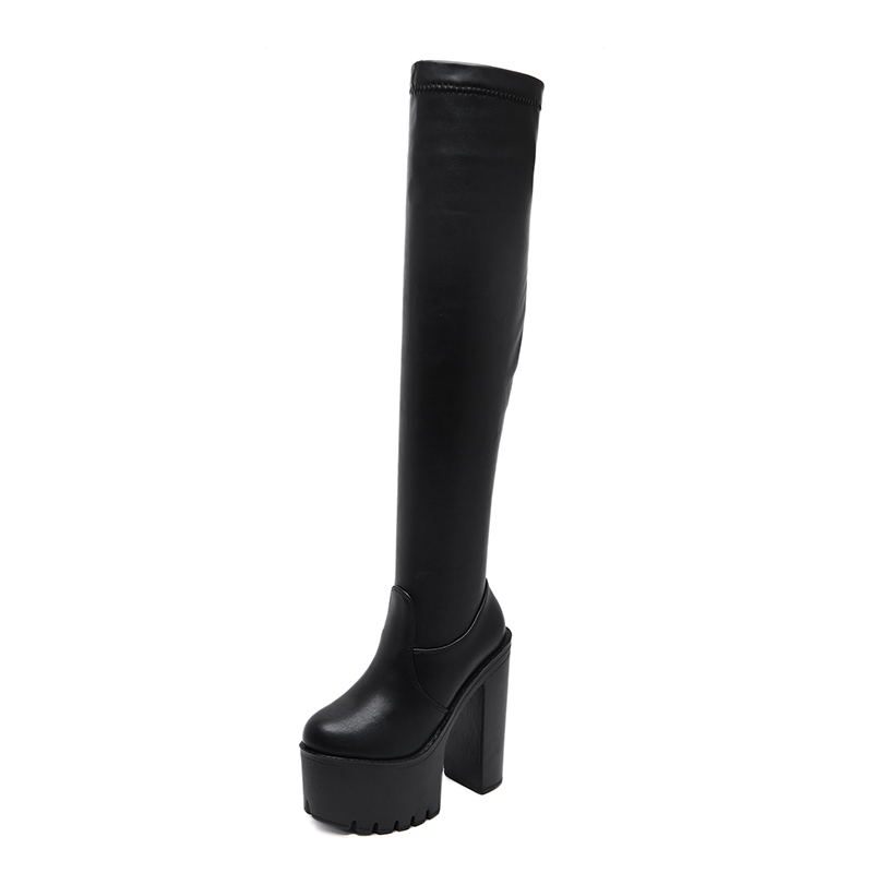 Cuissardes gothiques femme Etherwindia noires en simili cuir avec plateforme épaisse et talon carré haut