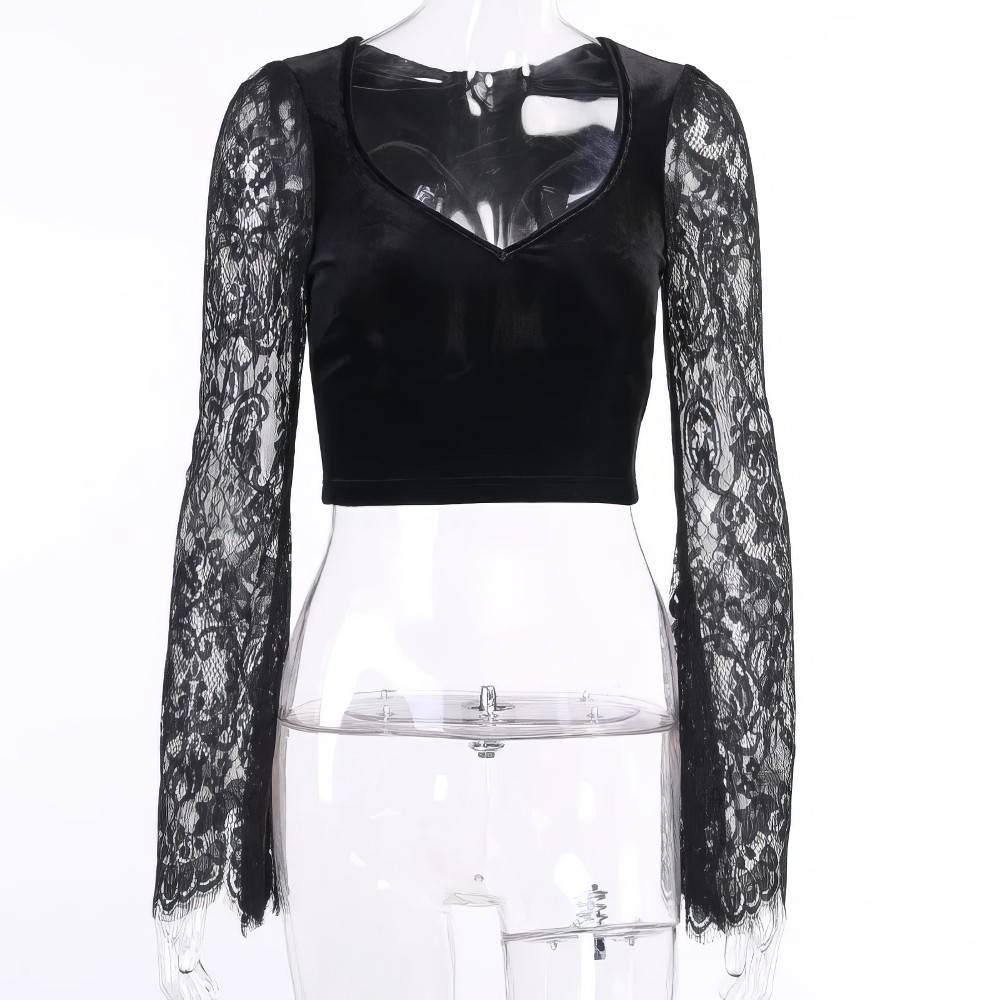 Haut gothique romantique WhisperTop noir en velours avec manches longues en dentelle noire transparente
