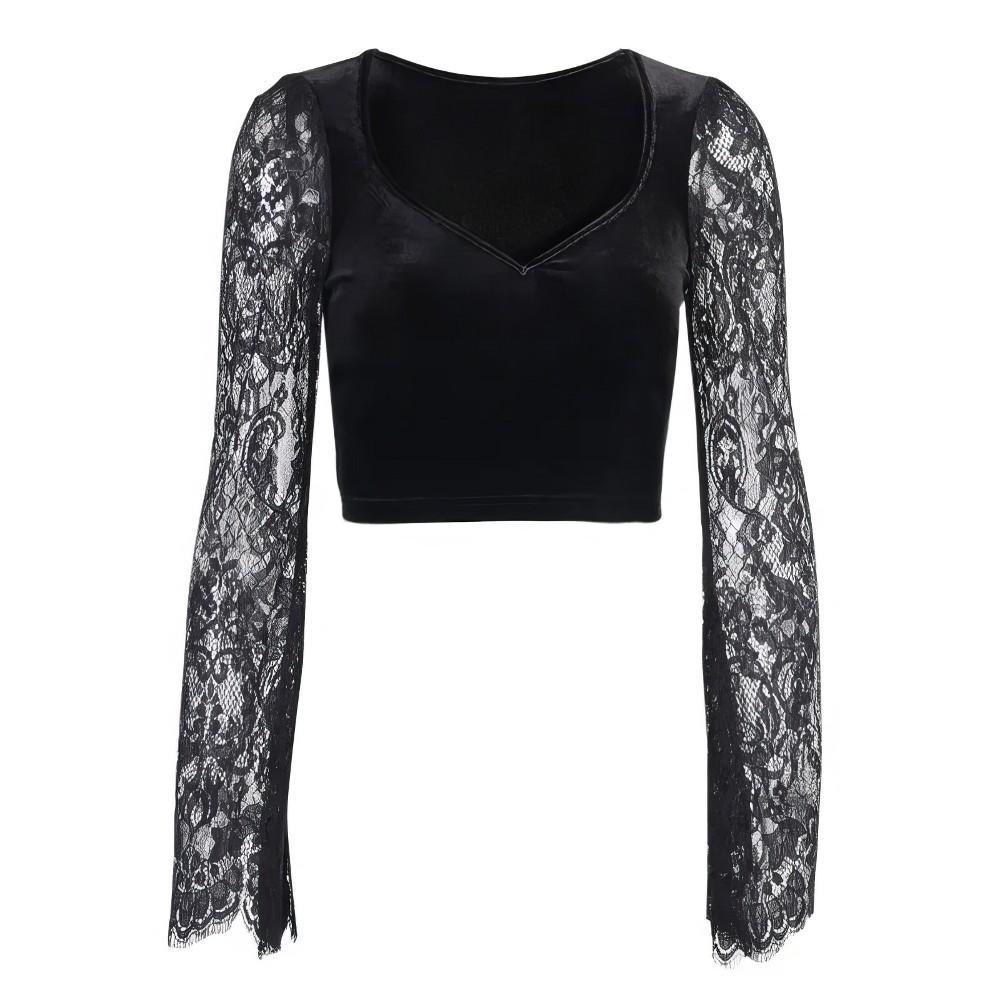 Haut gothique romantique WhisperTop noir en velours avec manches longues en dentelle noire transparente