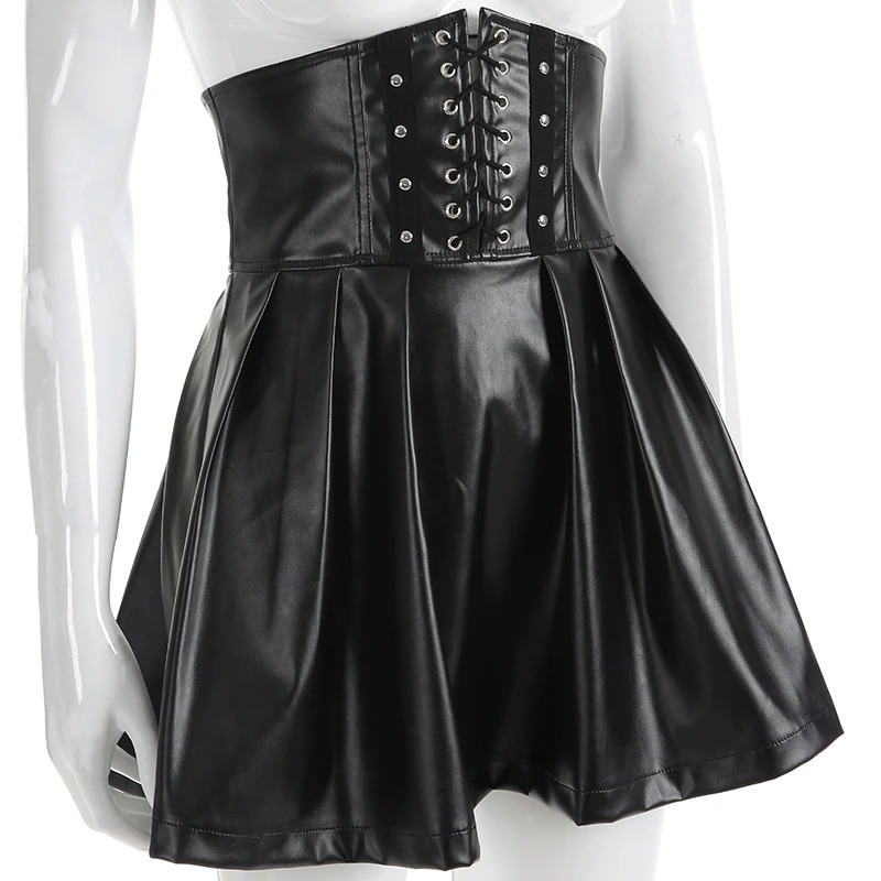 Jupe corset gothique en cuir noir avec laçage avant, vue de côté